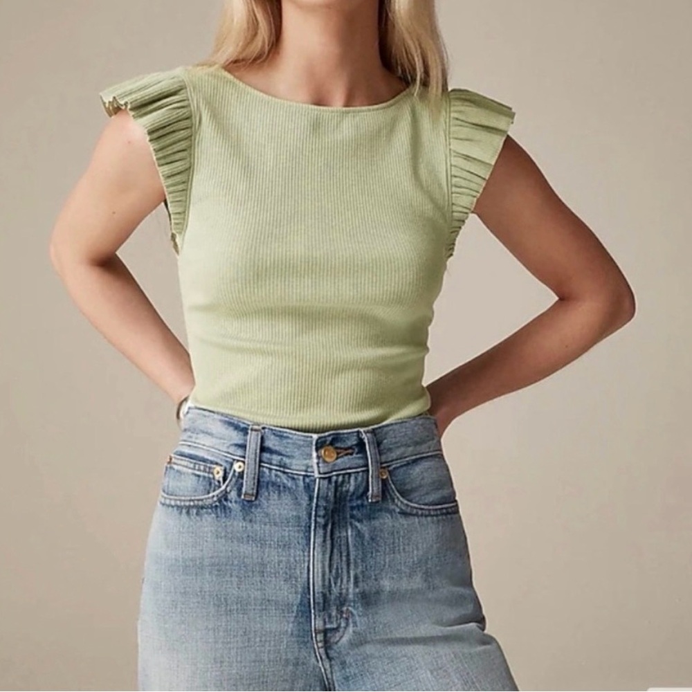 J. Crew Light Green Ribbed Tank with Pleated Cap Sleeves